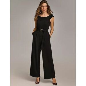 Donna Karan Black Cap Sleeve‎ Straight Leg Belted  Jumpsuit Size 4